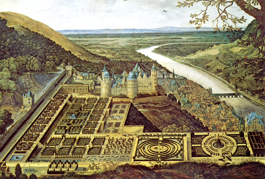 טירת היילדברג והגנים הסובבים. איור מהמאה ה-17