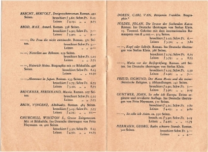 Werke aus dem Katalog, u.a. von Bertold Brecht, Max Brod und Siegmund Freud